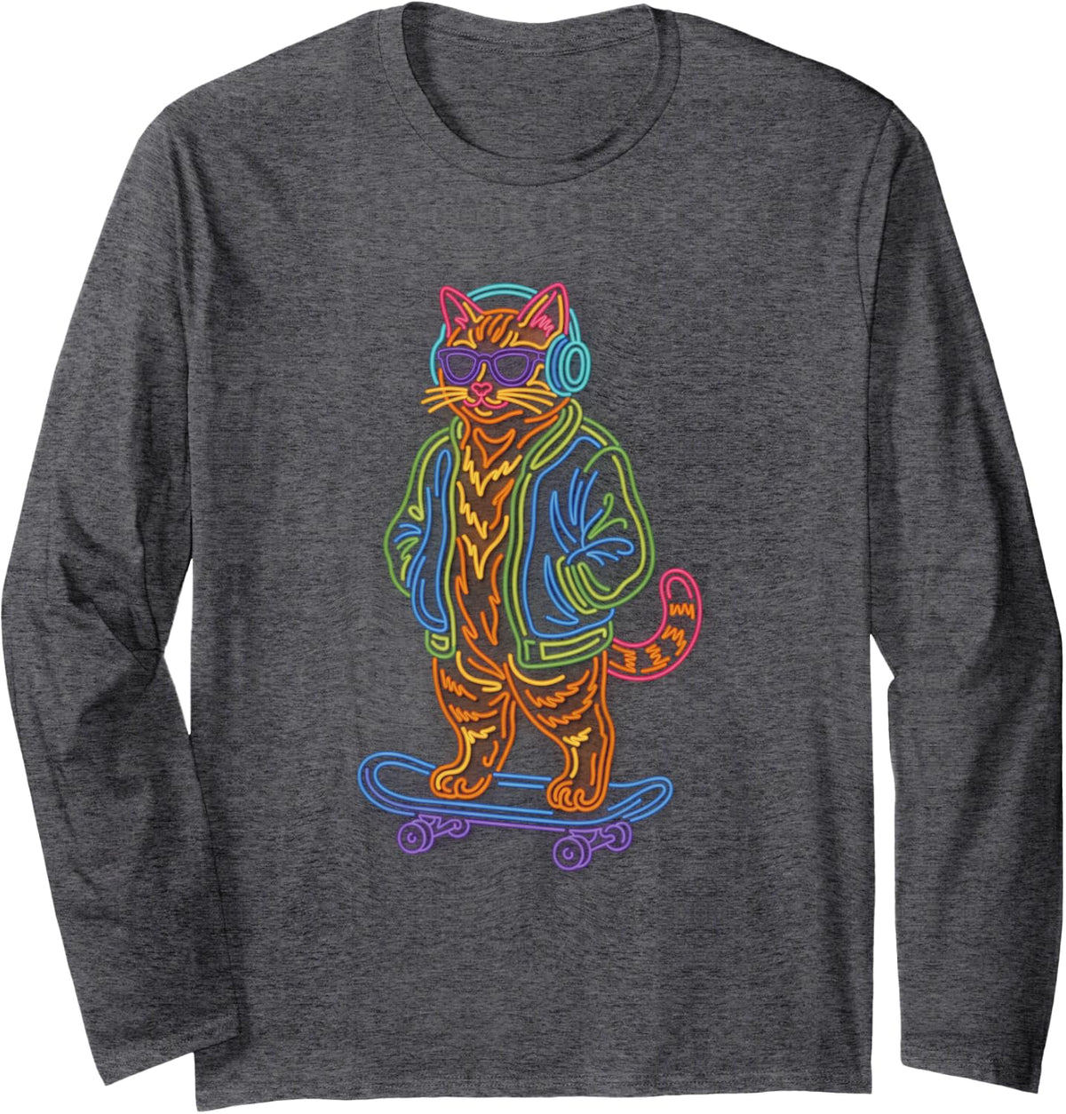 Cool Skateboarding Cat Orange Tabby Headphones Sunglasses Long Sleeve T-Shirt - Adult Unisex Dark Heather Grey