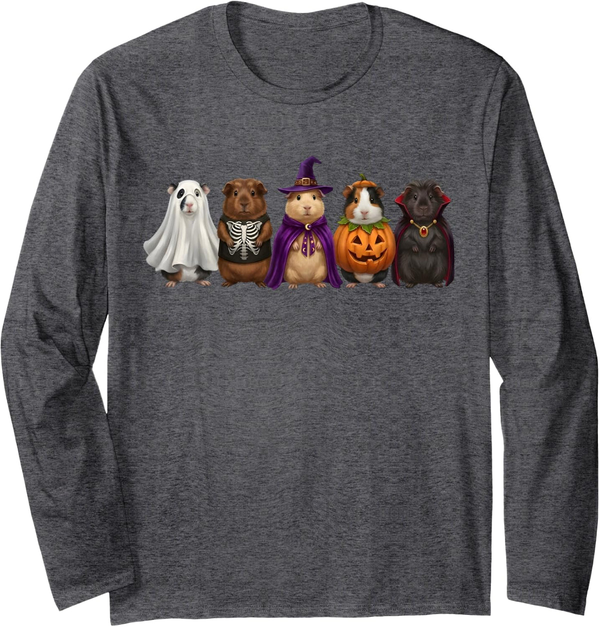 Creepy Guinea Pigs Halloween Spooky Ghost Vampire Guinea Pig Long Sleeve T-Shirt - Adult Unisex Dark Heather Grey