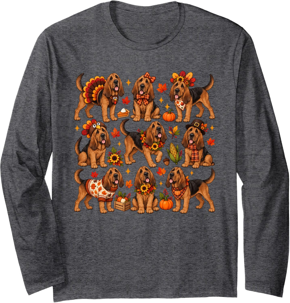 Cute Bloodhound Dog Turkey Thanksgiving Fall Autumn Costume Long Sleeve T-Shirt - Adult Unisex Dark Heather Grey