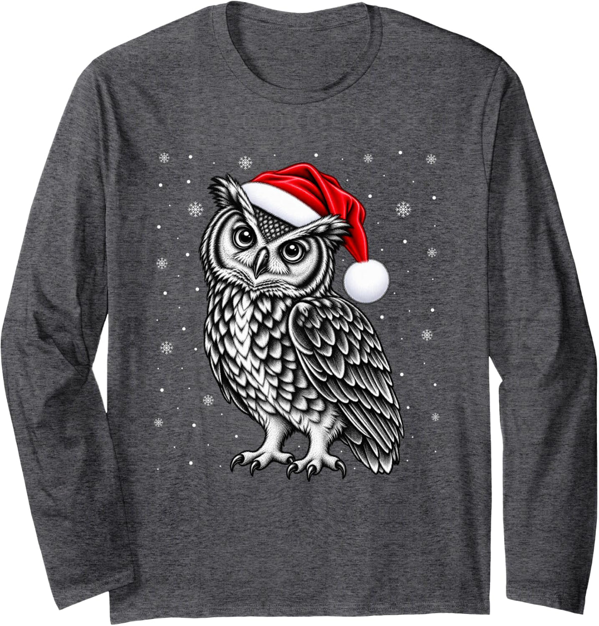 Owl Christmas Santa Hat Snowflakes Holiday Bird Long Sleeve T-Shirt - Adult Unisex Dark Heather Grey