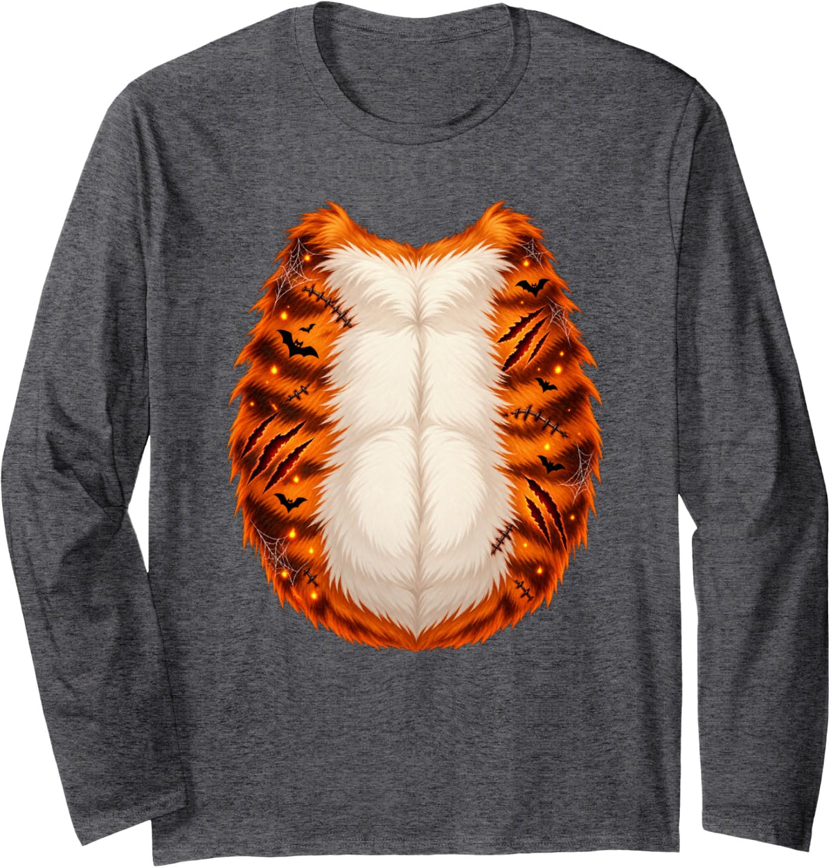 Halloween Cat Belly Costume Realistic Orange Tabby Body Long Sleeve T-Shirt - Adult Unisex Dark Heather Grey