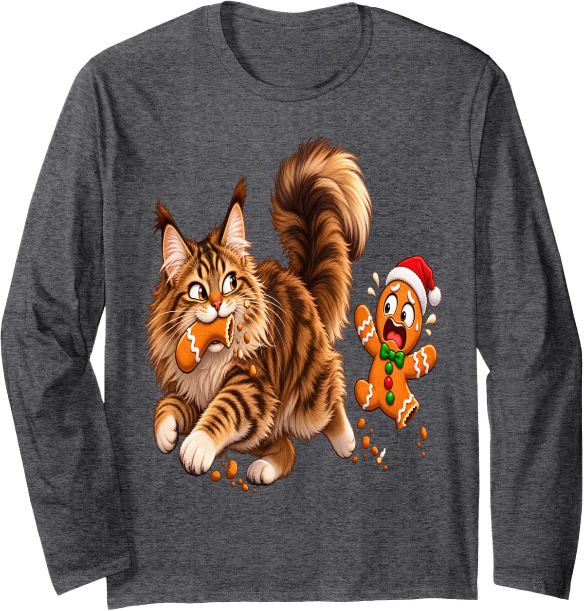 Funny Tabby Cat Christmas Gingerbread Cookie Chase Long Sleeve T-Shirt - Adult Unisex Dark Heather Grey