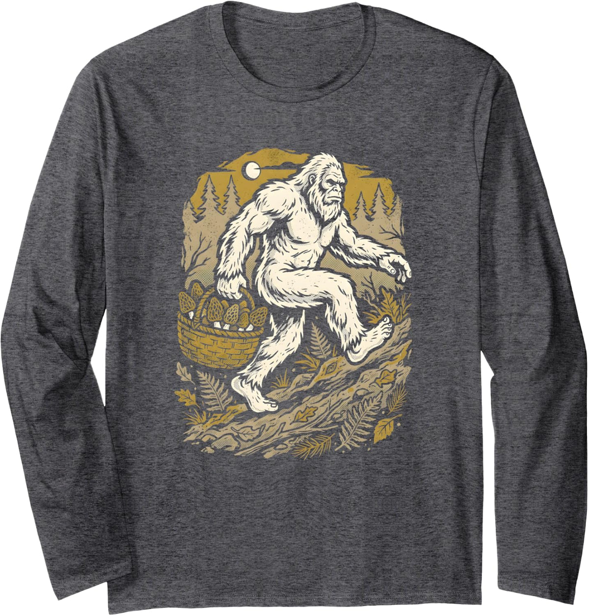 Bigfoot Mushroom Foraging Morel Hunter Forest Adventure Long Sleeve T-Shirt - Adult Unisex Dark Heather Grey
