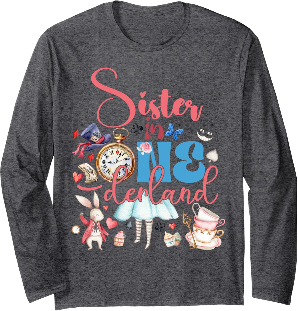 Alice Sister in ONEderland Birthday Family Long Sleeve T-Shirt - Adult Unisex Dark Heather Grey