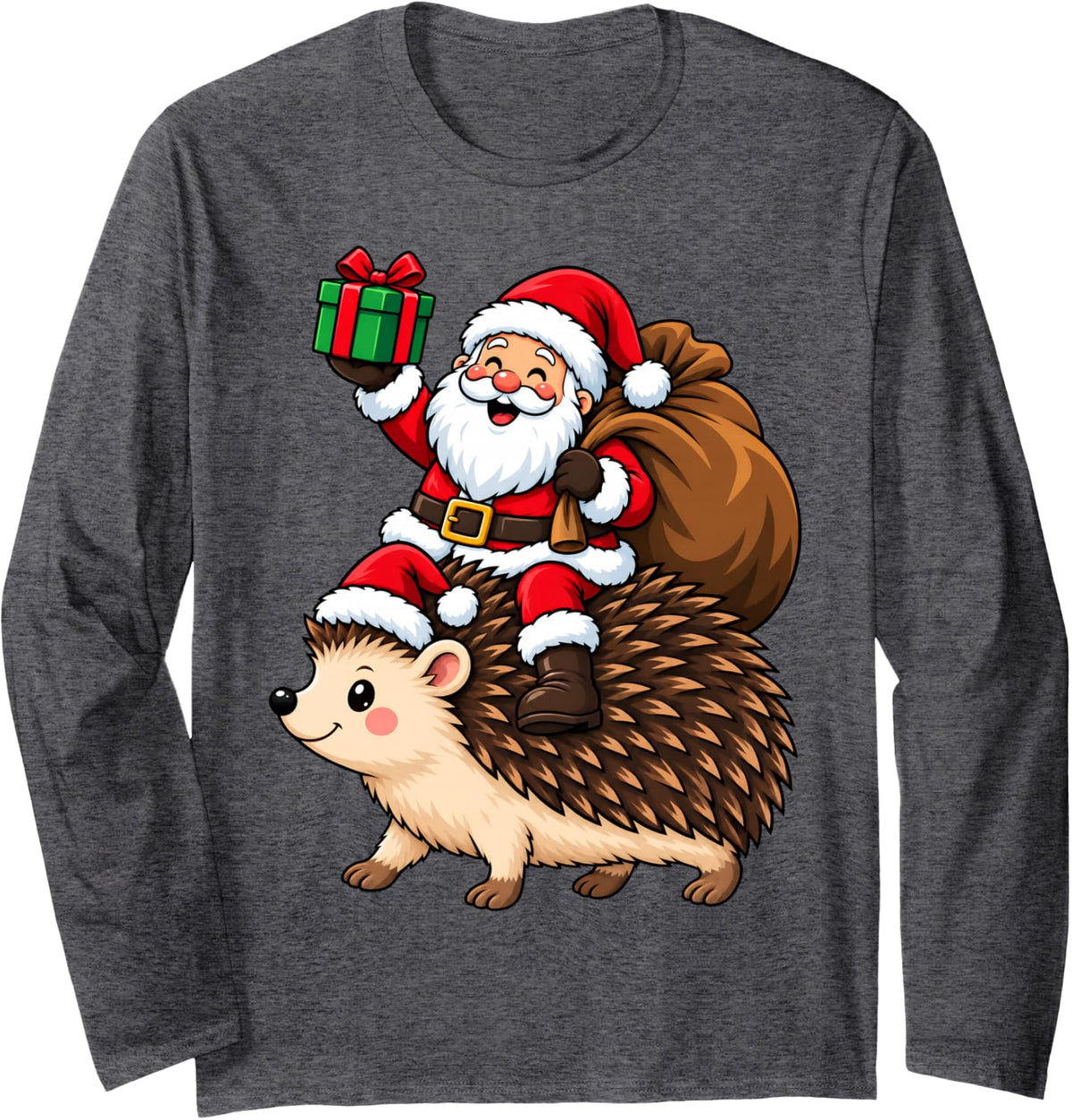 Festive Santa Riding Hedgehog Christmas Long Sleeve T-Shirt - Adult Unisex Dark Heather Grey