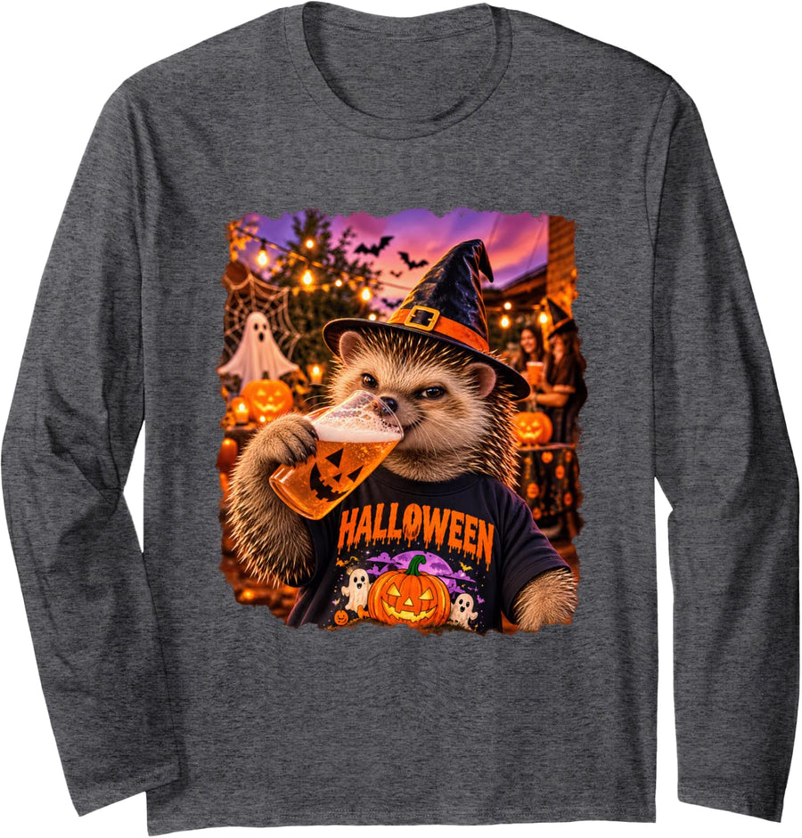 Halloween Witch Hedgehog Drinking Pumpkin Cup Funny Costume Long Sleeve T-Shirt - Adult Unisex Dark Heather Grey