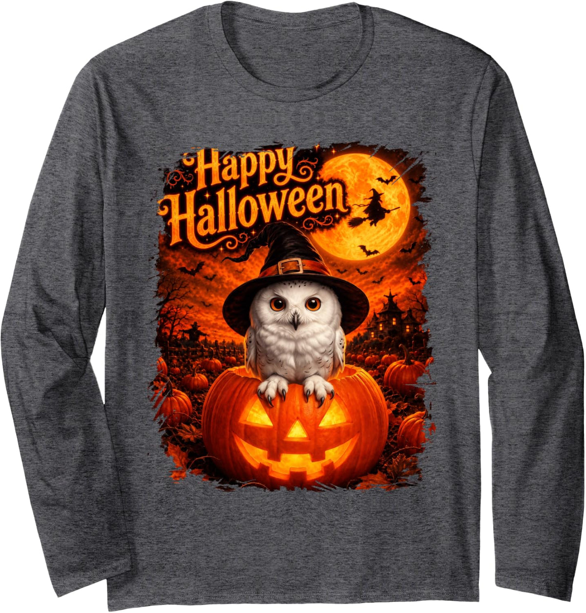 Cute Snowy Owl Happy Halloween Night Long Sleeve T-Shirt - Adult Unisex Dark Heather Grey
