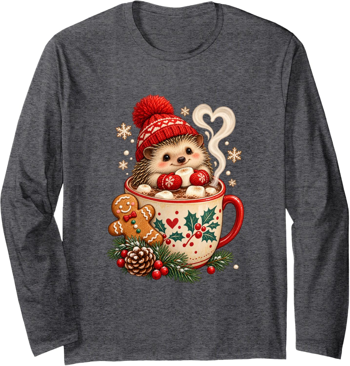 Cute Hedgehog Hot Cocoa Christmas Cozy Winter Holiday Long Sleeve T-Shirt - Adult Unisex Dark Heather Grey