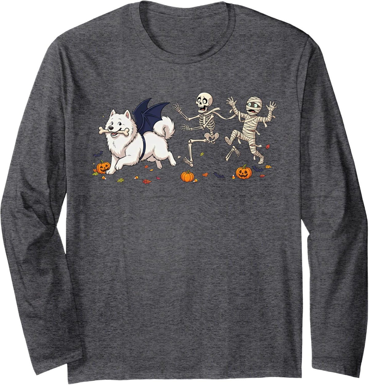 Funny Samoyed Skeleton Mummy Halloween Kids Mens Womens Long Sleeve T-Shirt - Adult Unisex Dark Heather Grey