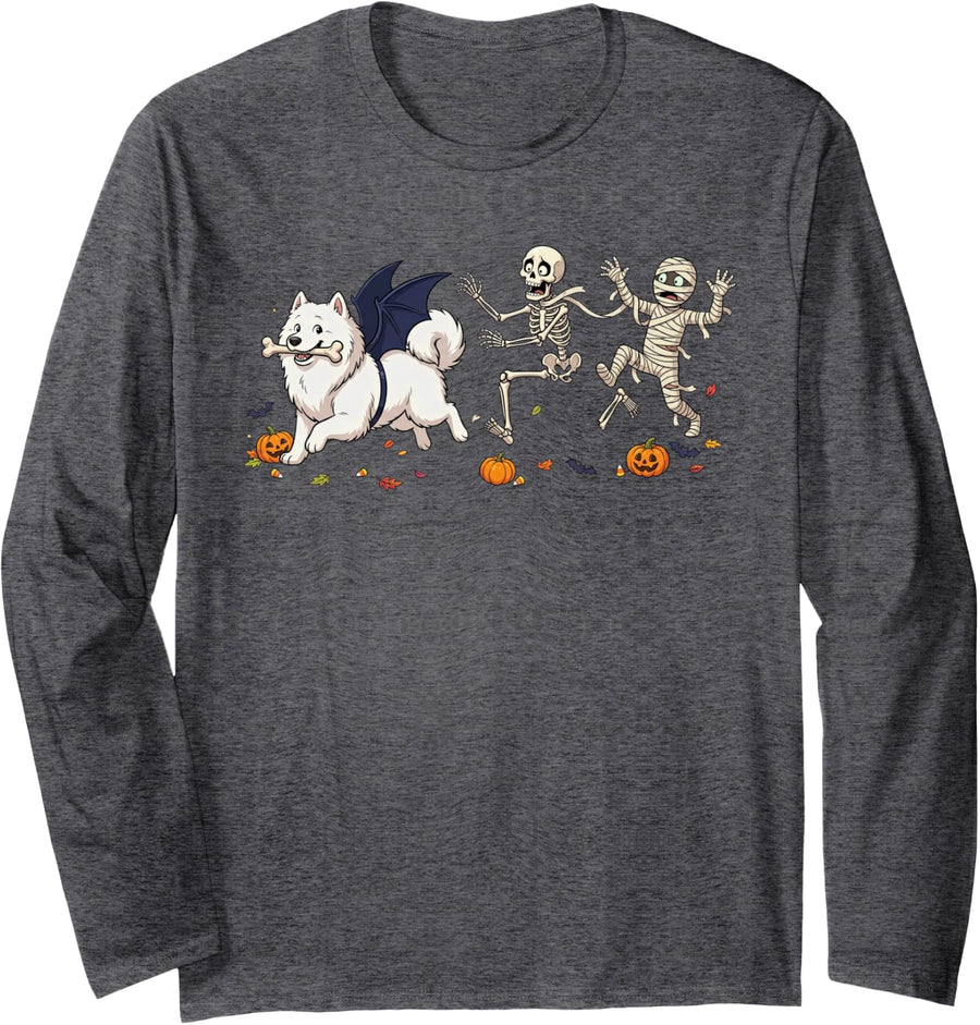 Funny Samoyed Skeleton Mummy Halloween Kids Mens Womens Long Sleeve T-Shirt - Adult Unisex Dark Heather Grey