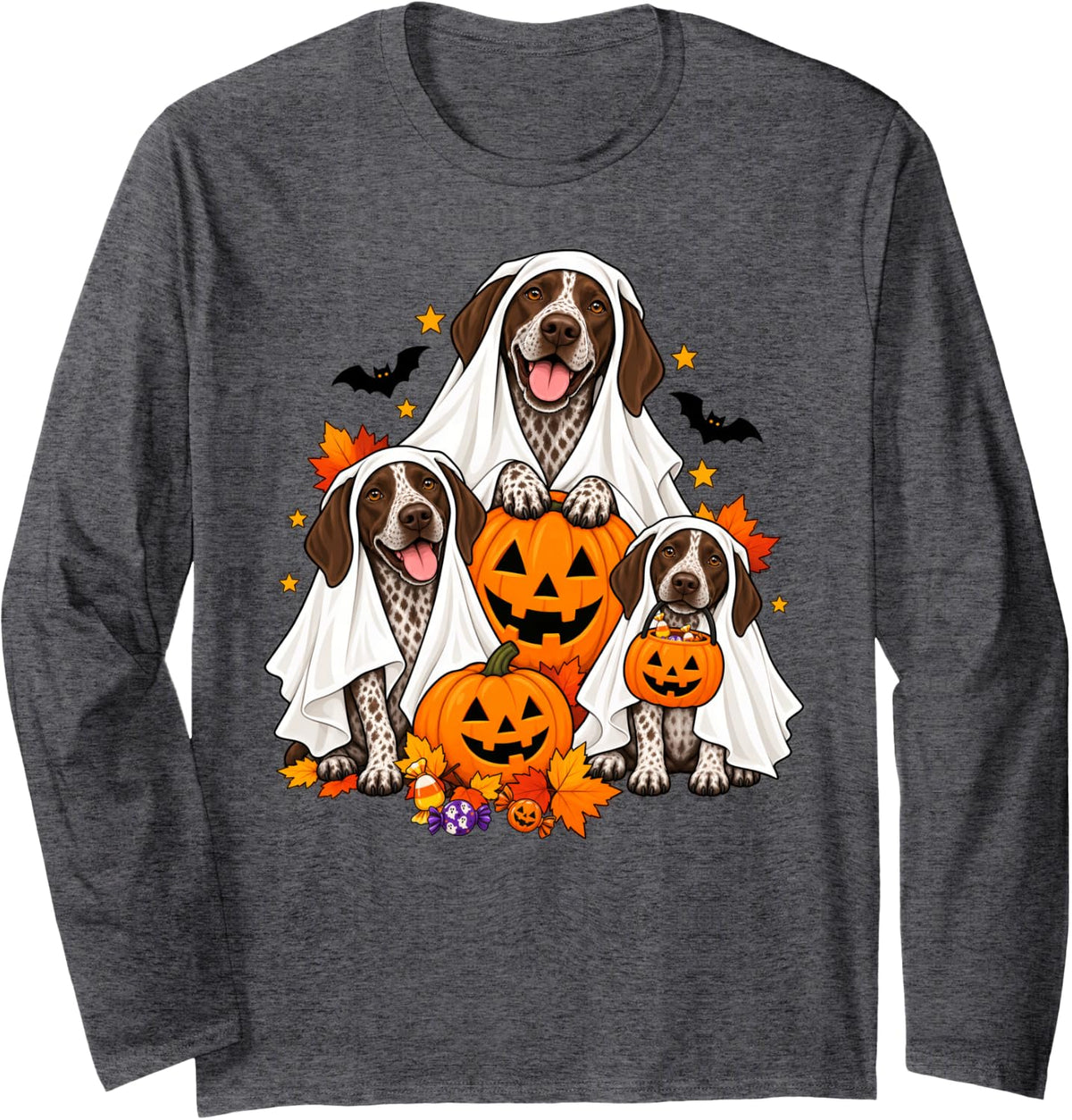 Ghost German Shorthaired Pointer Dogs and Pumpkins Halloween Long Sleeve T-Shirt - Adult Unisex Dark Heather Grey