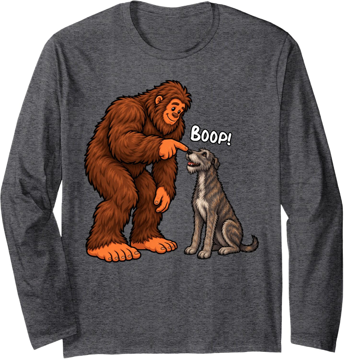 Bigfoot Boop Irish Wolfhound Funny Dog Lover Long Sleeve T-Shirt - Adult Unisex Dark Heather Grey