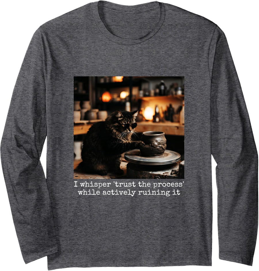 Funny Pottery Vintage Cat Meme Photo Animal Parody Long Sleeve T-Shirt - Adult Unisex Dark Heather Grey