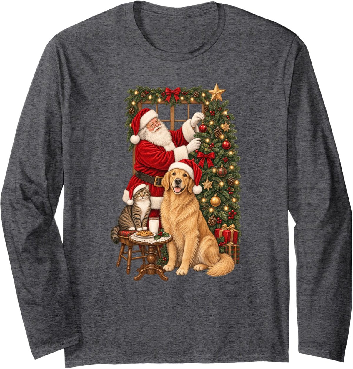 Christmas Cat Santa Holiday Long Sleeve T-Shirt - Adult Unisex Dark Heather Grey