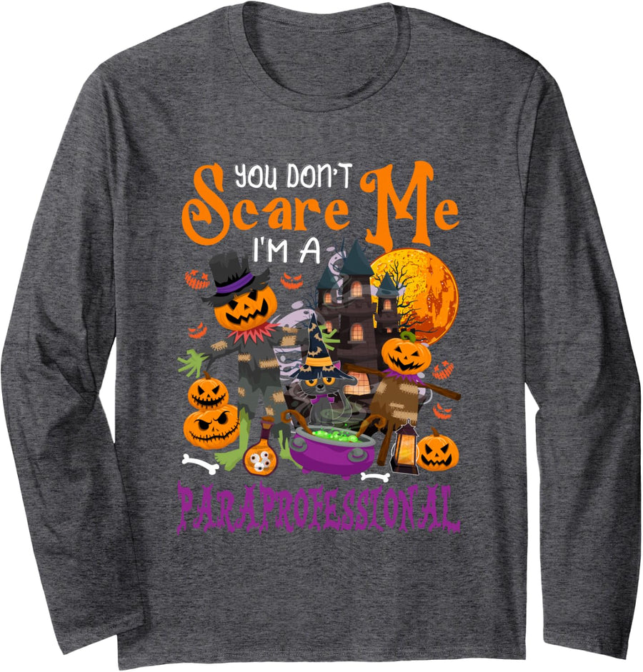 Don't Scare Me I'm A Paraprofessional Halloween Pumpkin Long Sleeve T-Shirt - Adult Unisex Dark Heather Grey