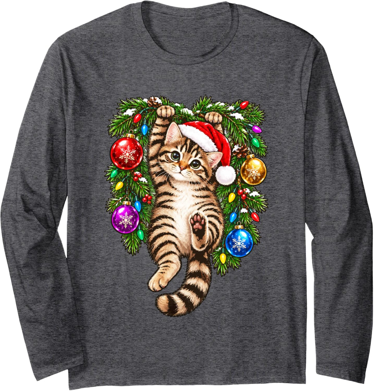 Tabby Cat Christmas Tree and Festive Lights Cute Kitten Xmas Long Sleeve T-Shirt - Adult Unisex Dark Heather Grey