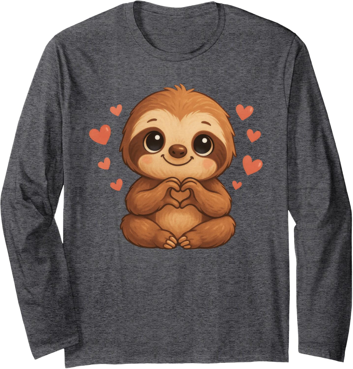 Kawaii Sloth Hearts Cute Sloth Lover Long Sleeve T-Shirt - Adult Unisex Dark Heather Grey