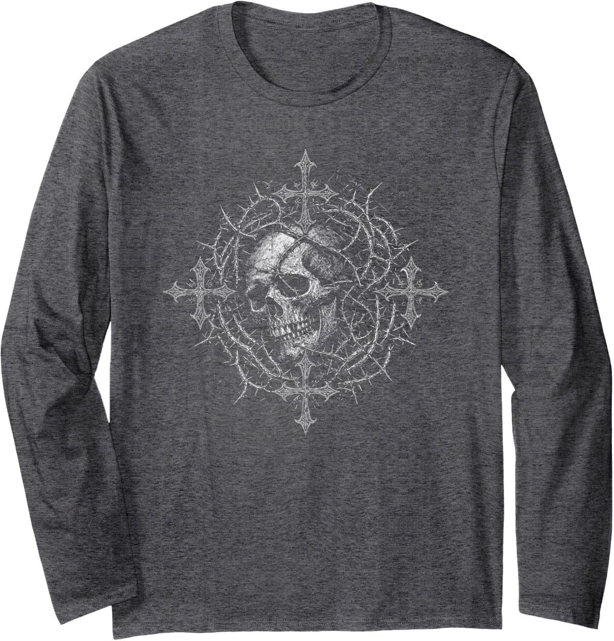 Y2K Grunge Goth Alt Skull Sigilism Vintage Graphic Long Sleeve T-Shirt - Adult Unisex Dark Heather Grey