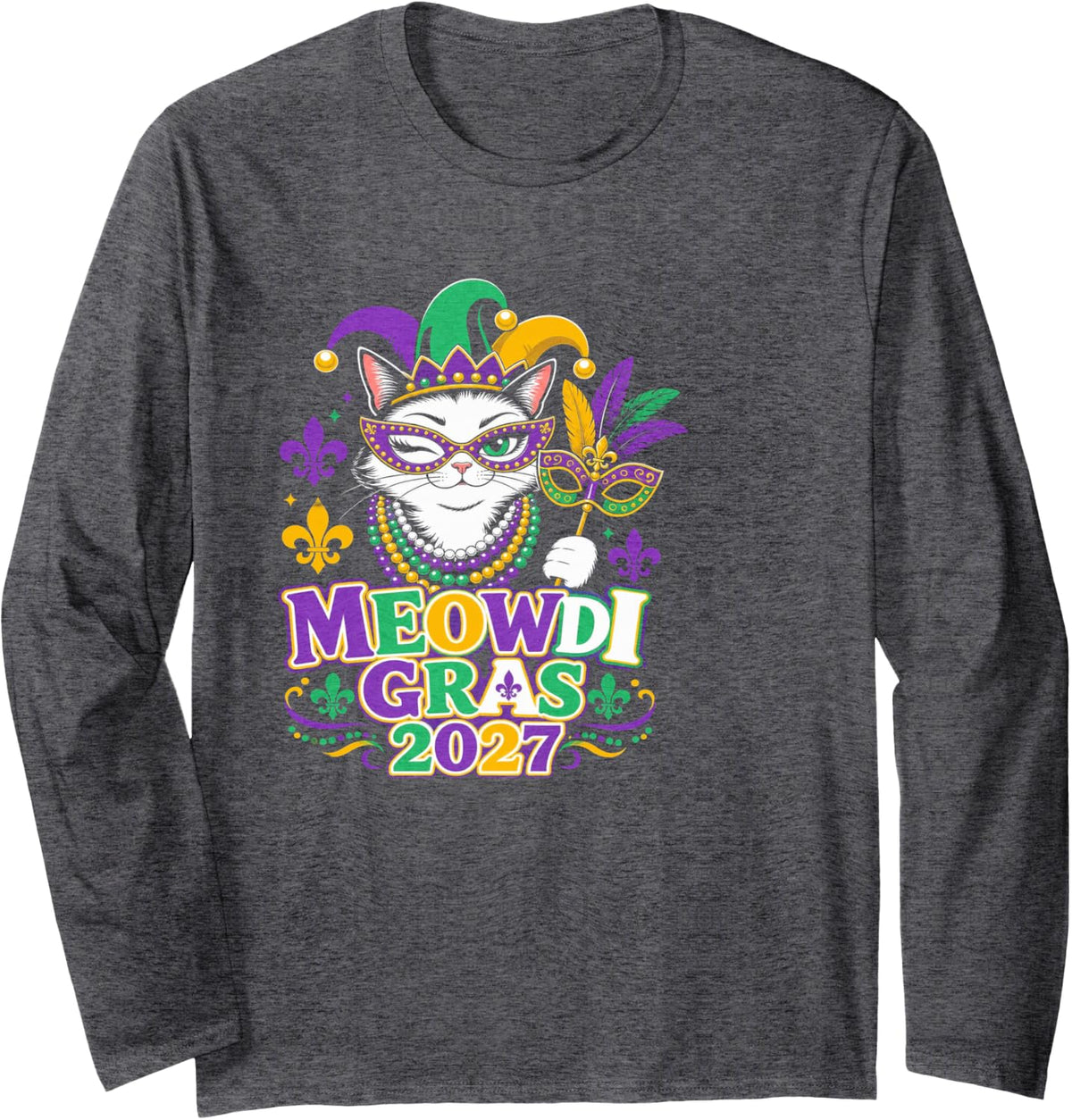 Meowdi Gras 2027 Funny Mardi Gras Cat Beads Parade Long Sleeve T-Shirt - Adult Unisex Dark Heather Grey