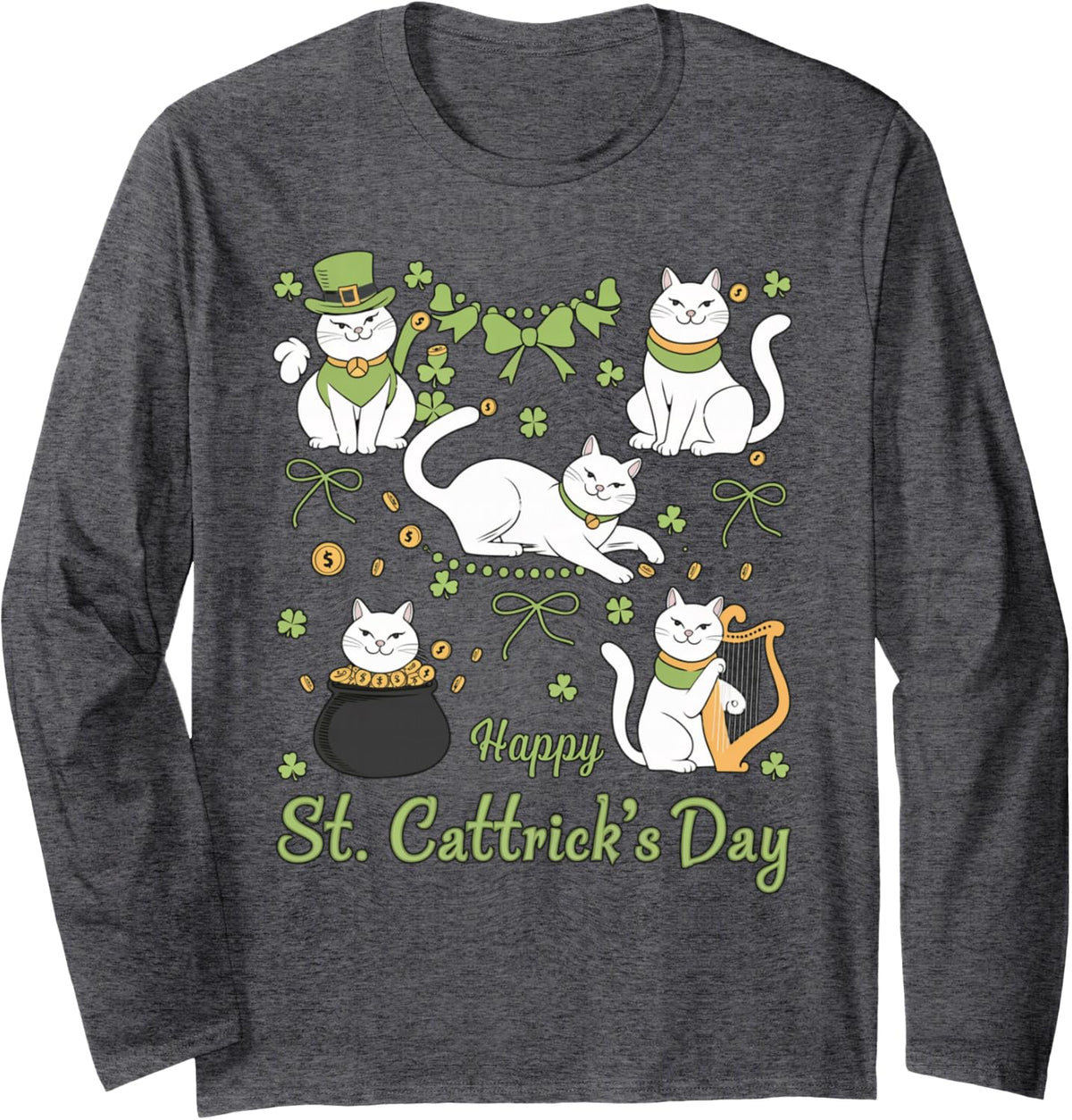 Happy St Cattrick's Day Cute Cat St Patricks Day Long Sleeve T-Shirt - Adult Unisex Dark Heather Grey