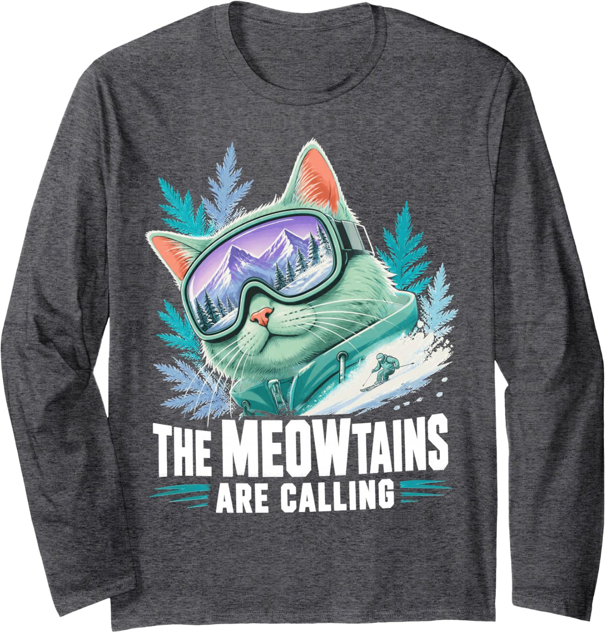 Skiing Cat Ski Club Winter Sports Skier Long Sleeve T-Shirt - Adult Unisex Dark Heather Grey