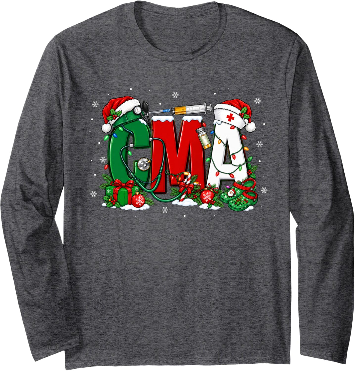 CMA Nursing Christmas Medical Assistant Winter Xmas Pajamas Long Sleeve T-Shirt - Adult Unisex Dark Heather Grey