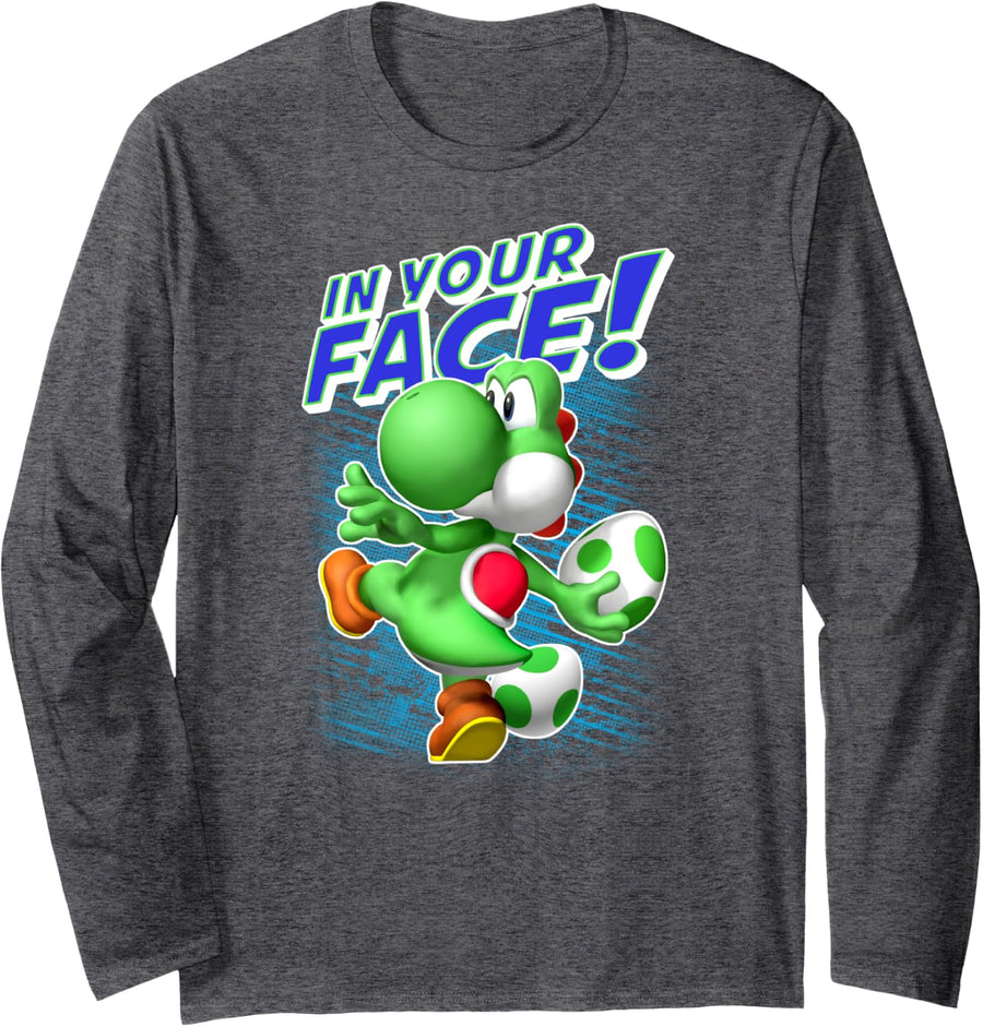 Super Mario Yoshi In Your Face Egg Throw Portrait Long Sleeve T-Shirt - Adult Unisex Dark Heather Grey