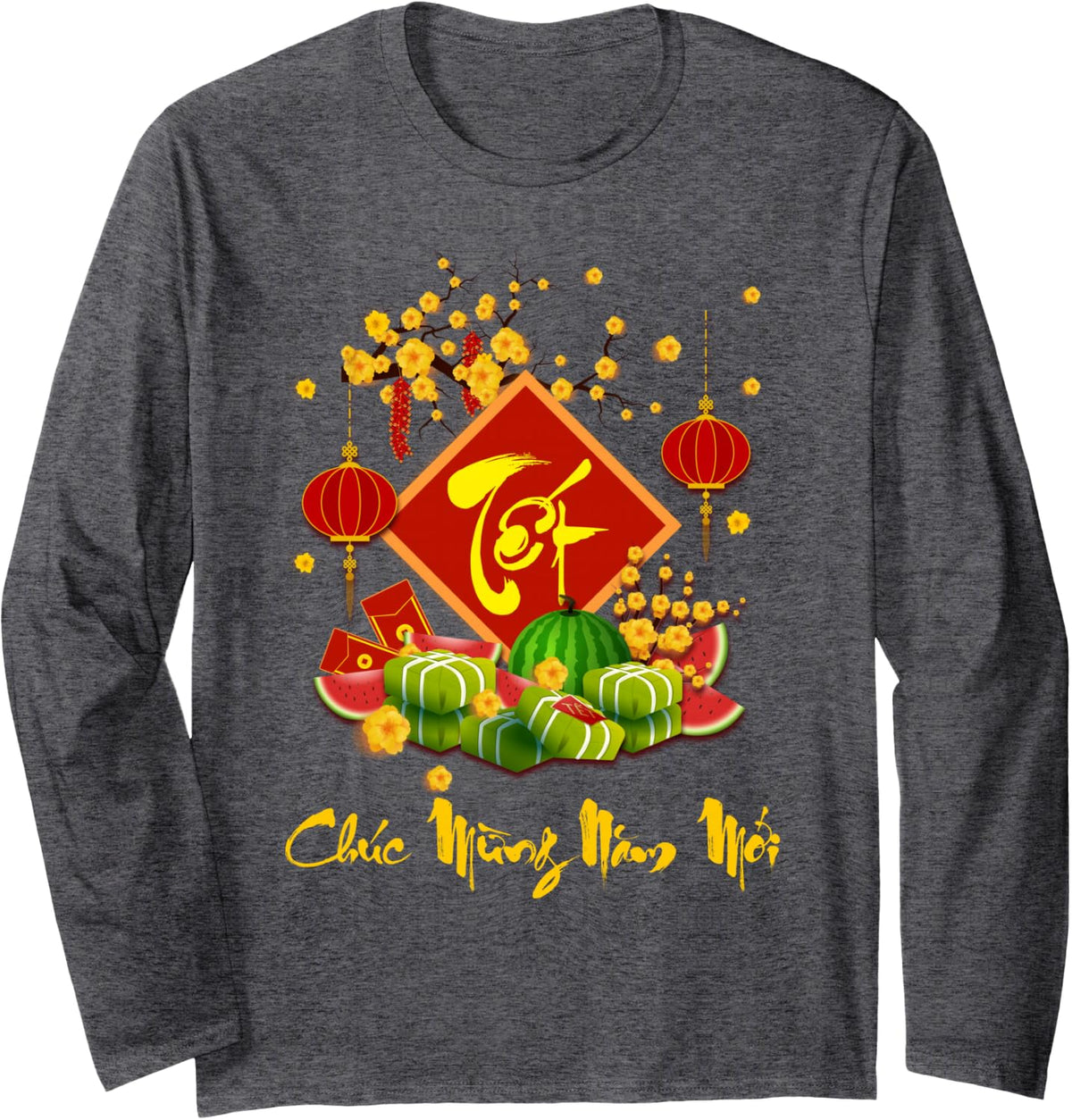 Tet Decorations Vietnamese New Year 2026 Chuc Mung Nam Moi Long Sleeve T-Shirt - Adult Unisex Dark Heather Grey