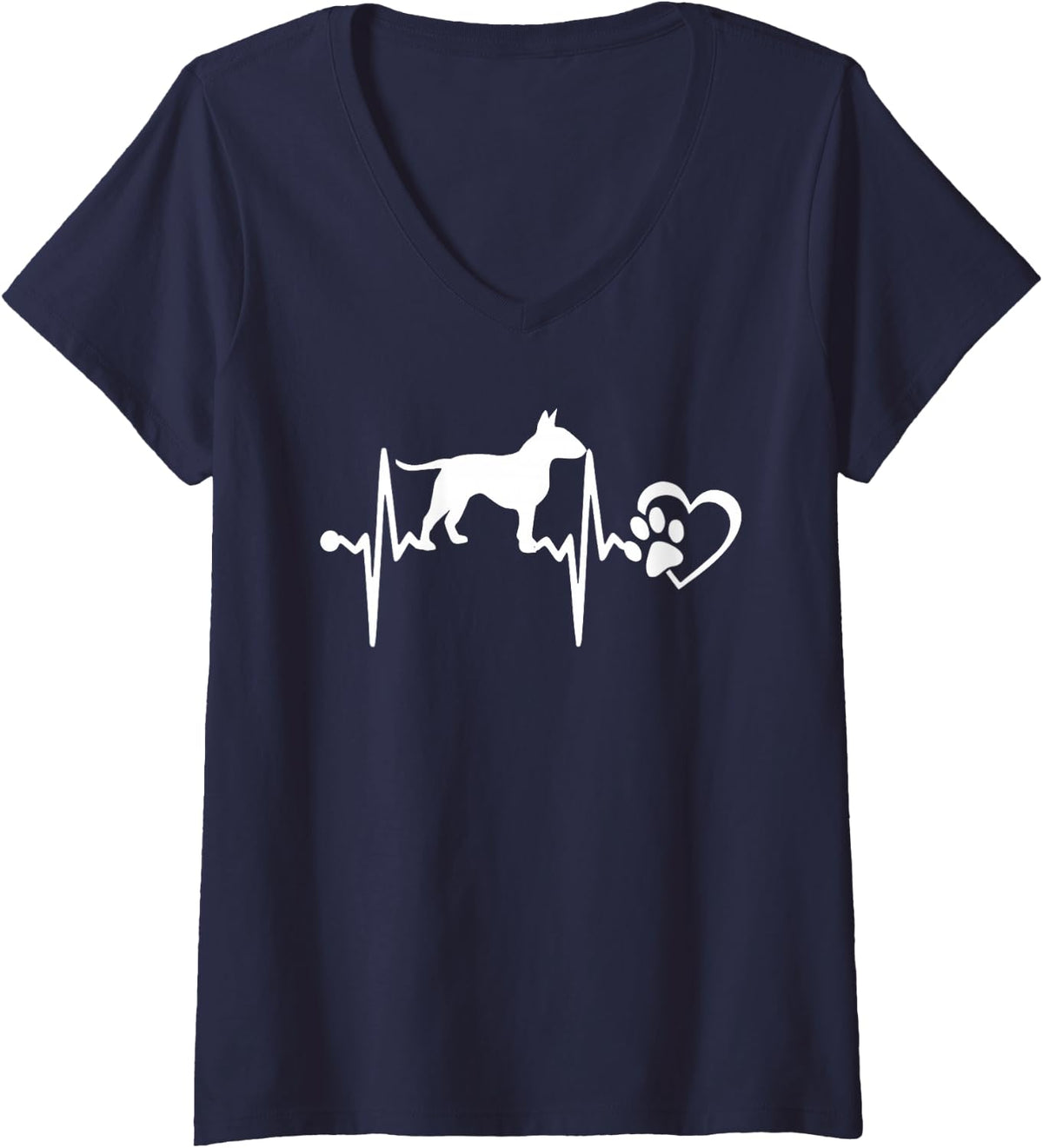 Women's Bull Terrier Dog Heartbeat Paw Love Funny Puppy Lovers V-Neck T-Shirt - Navy Blue