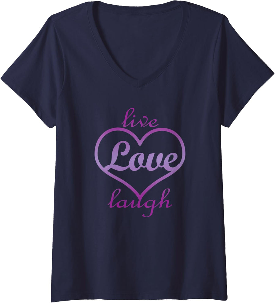 Womens Cute Live Laugh Love T-Shirt Joyful Birthday Girly Gift V-Neck T-Shirt - Navy Blue