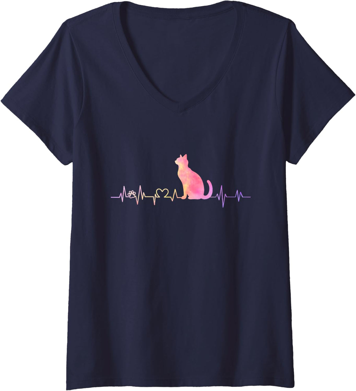 Women's Heartbeat Cat Lover Kitten Feline Cattie Owner Paw Tabby Mom V-Neck T-Shirt - Navy Blue