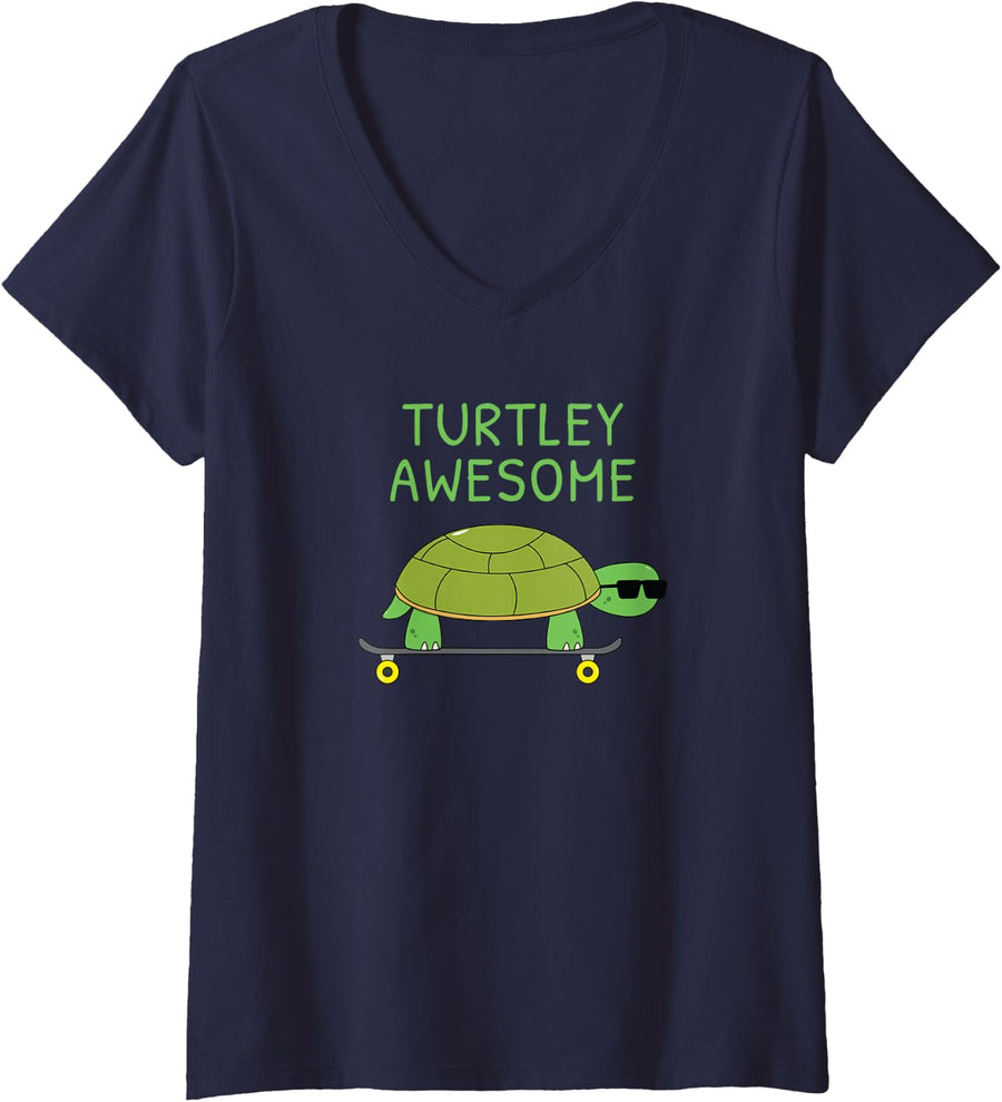 Women's Awesome Turtle with Sunglasses | Cool Turtle on a Skateboard V-Neck T-Shirt - Navy Blue