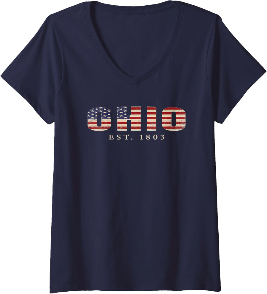 Womens Ohio with U.S. flag, Ohio est. 1803 Celebration day V-Neck T-Shirt - Navy Blue