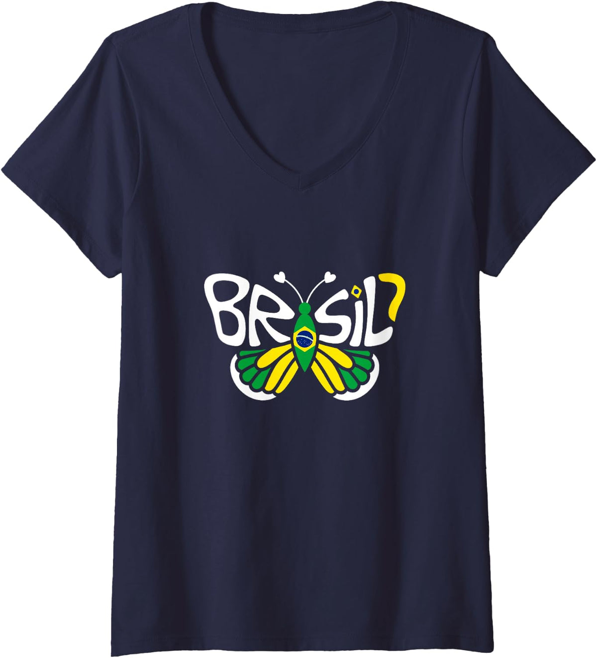 Women's Brazil Butterfly - Brazilian Flag Colors Souvenir V-Neck T-Shirt - Navy Blue
