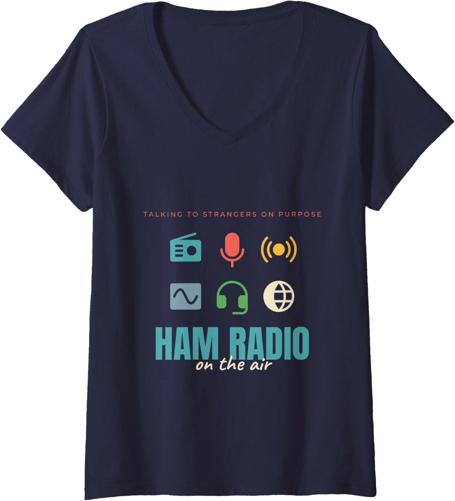 Women's Ham Radio On The Air Amateur Radio Design V-Neck T-Shirt - Navy Blue