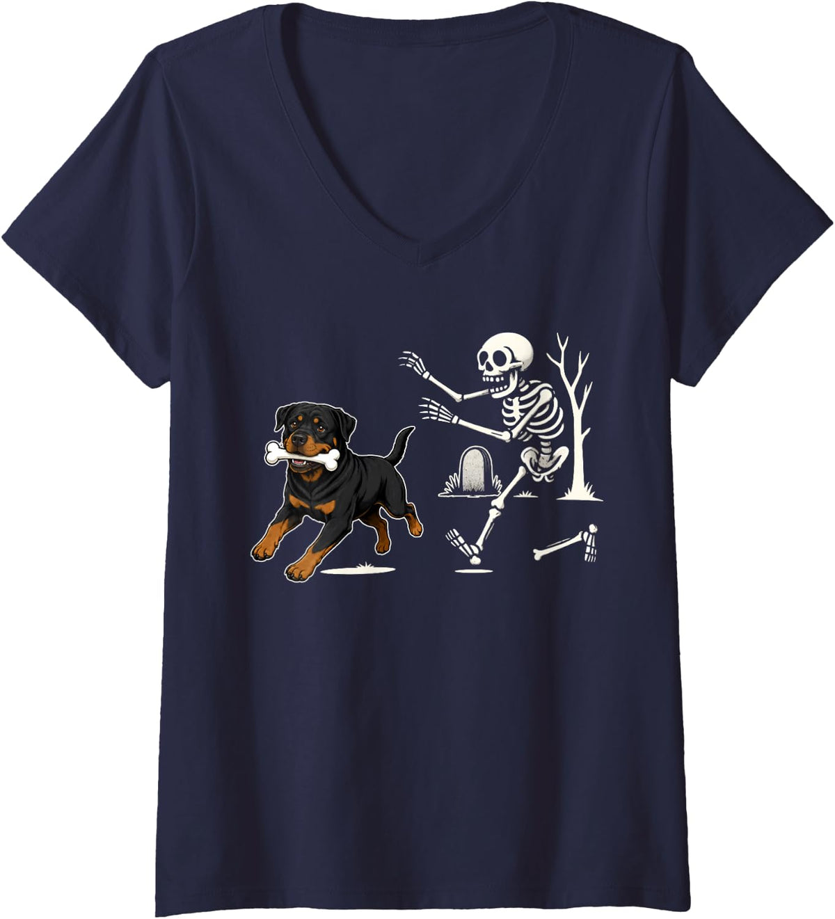 Women's Skeleton Dog Rottweiler Halloween Skeleton Chasing Dog Meme V-Neck T-Shirt - Navy Blue