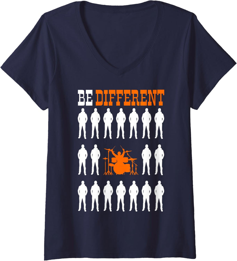 Women's BE Different Drummer Musician Drummer Girl V-Neck T-Shirt - Navy Blue