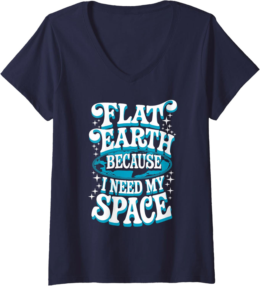 Women's Flat Earth Believer and Alternative Science Skeptic Tee V-Neck T-Shirt - Navy Blue