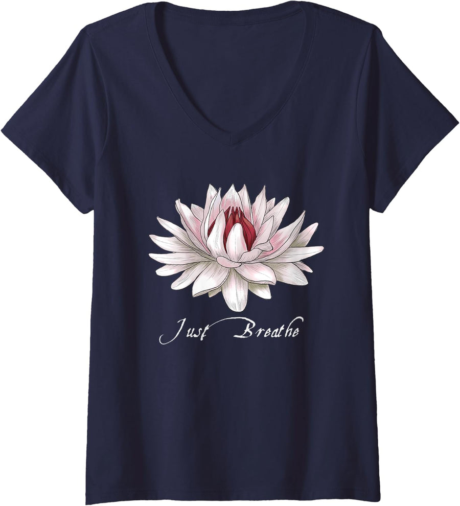 Womens Just Breathe Lotus White Water Lily Design for Yoga, Fitness V-Neck T-Shirt - Navy Blue