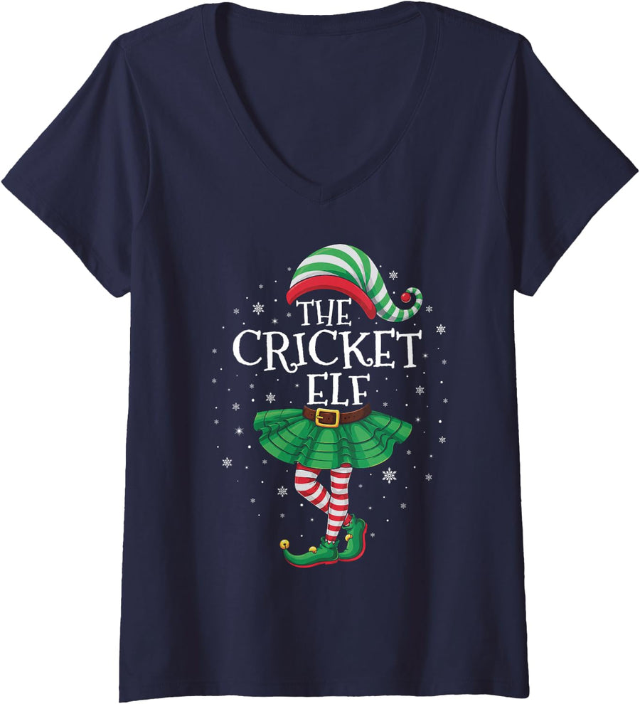 Women's Family Matching Men Women Funny The Cricket Elf Christmas V-Neck T-Shirt - Navy Blue