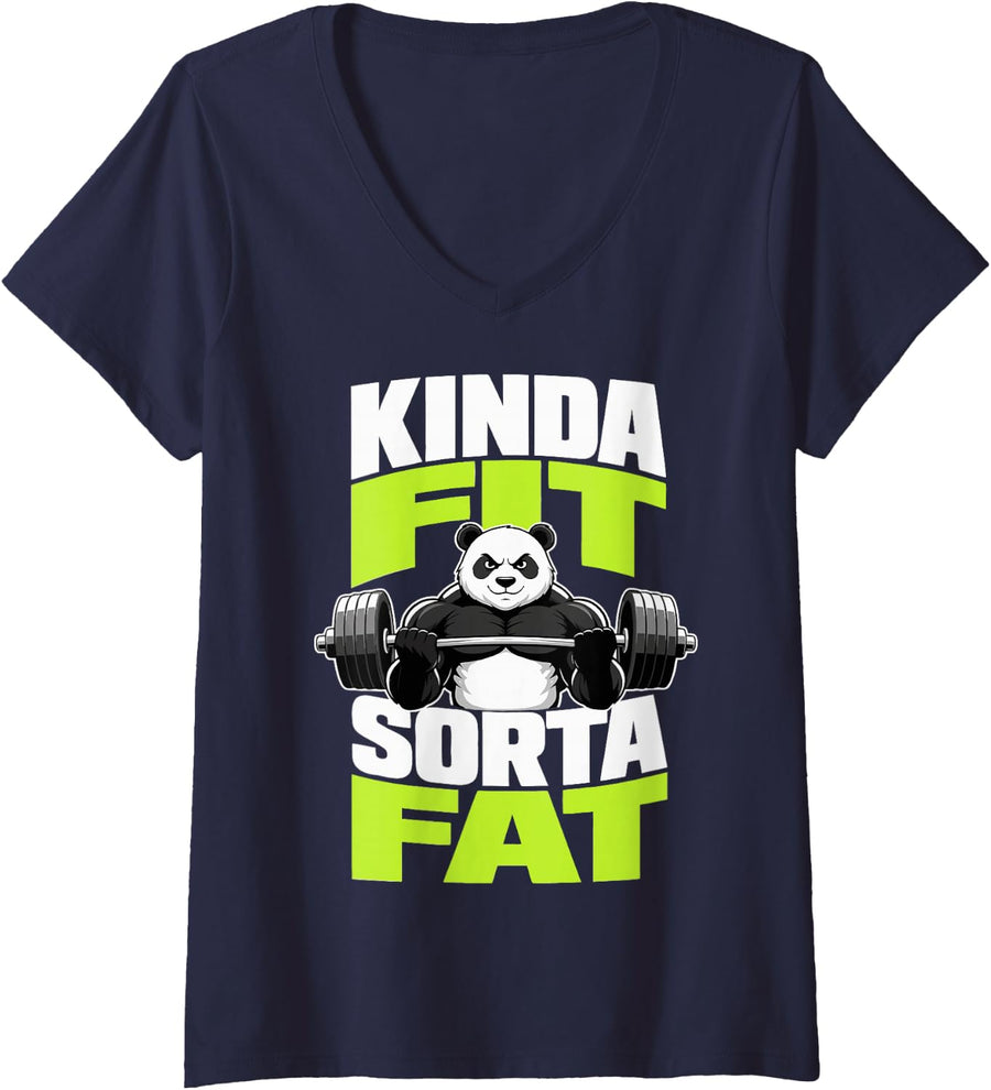 Women's Funny Panda Weightlifting Panda Bear V-Neck T-Shirt - Navy Blue