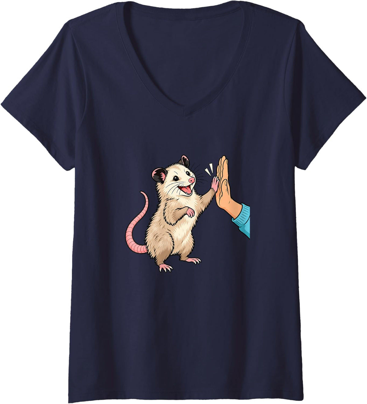 Women's Cute Opossum High Five Wildlife Animal Friendship V-Neck T-Shirt - Navy Blue