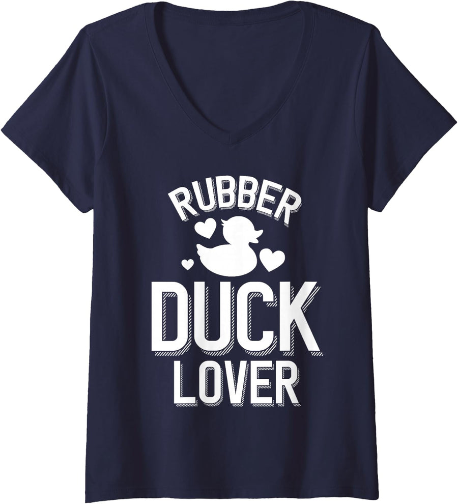 Women's Cute Rubber Duck Lover Duckie with Hearts V-Neck T-Shirt - Navy Blue