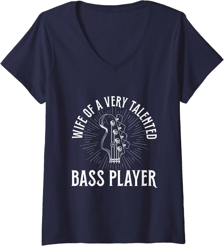 Womens Bass Guitar Design for a Wife of a Bass Player V-Neck T-Shirt - Navy Blue