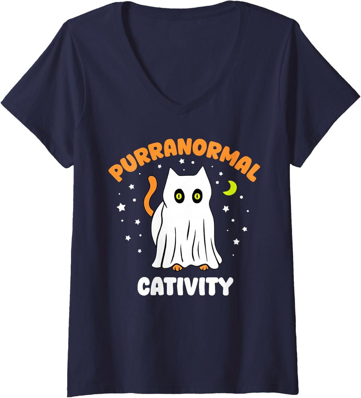 Women's Purranormal Cativity Funny Cat Ghost Halloween V-Neck T-Shirt - Navy Blue