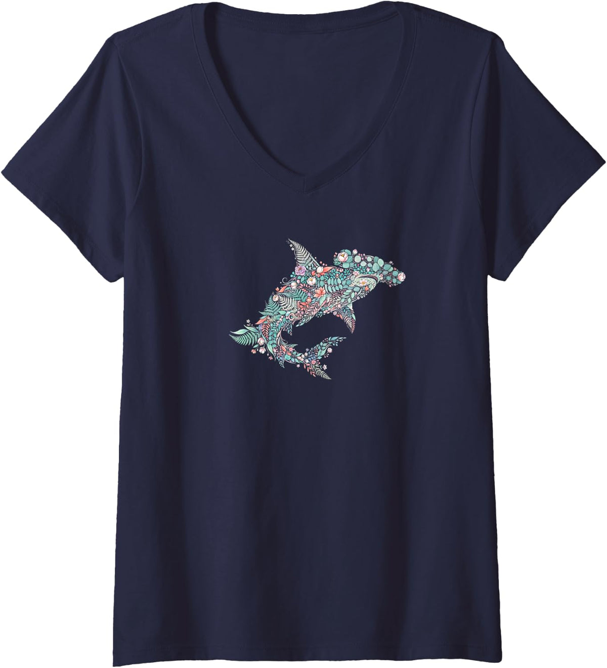 Women's Floral Hammerhead Shark Botanical Aesthetic V-Neck T-Shirt - Navy Blue