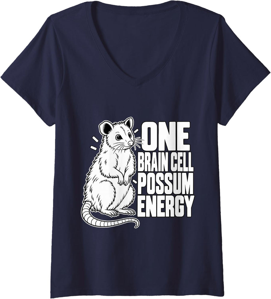 Women's Opossum One Brain Cell Possum Energy Possum Fan Funny Keeper V-Neck T-Shirt - Navy Blue