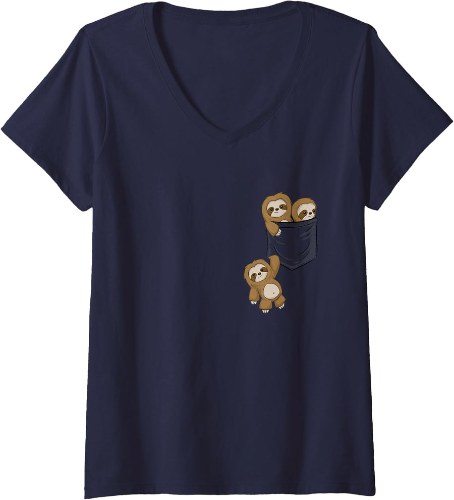 Womens For Sloth Lovers Cute Kawaii Baby Sloths In Pocket V-Neck T-Shirt - Navy Blue