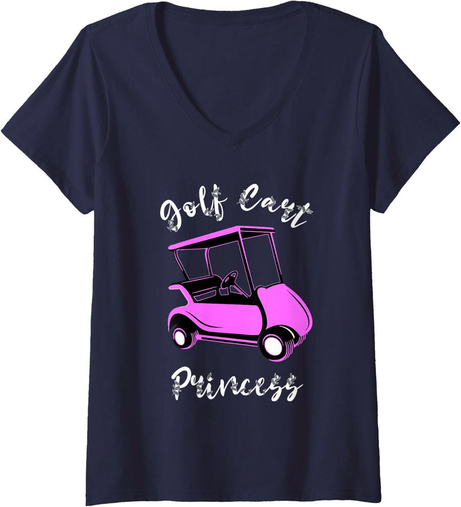 Womens Golf Cart Princess Golf Cart Golfer Girls V-Neck T-Shirt - Navy Blue