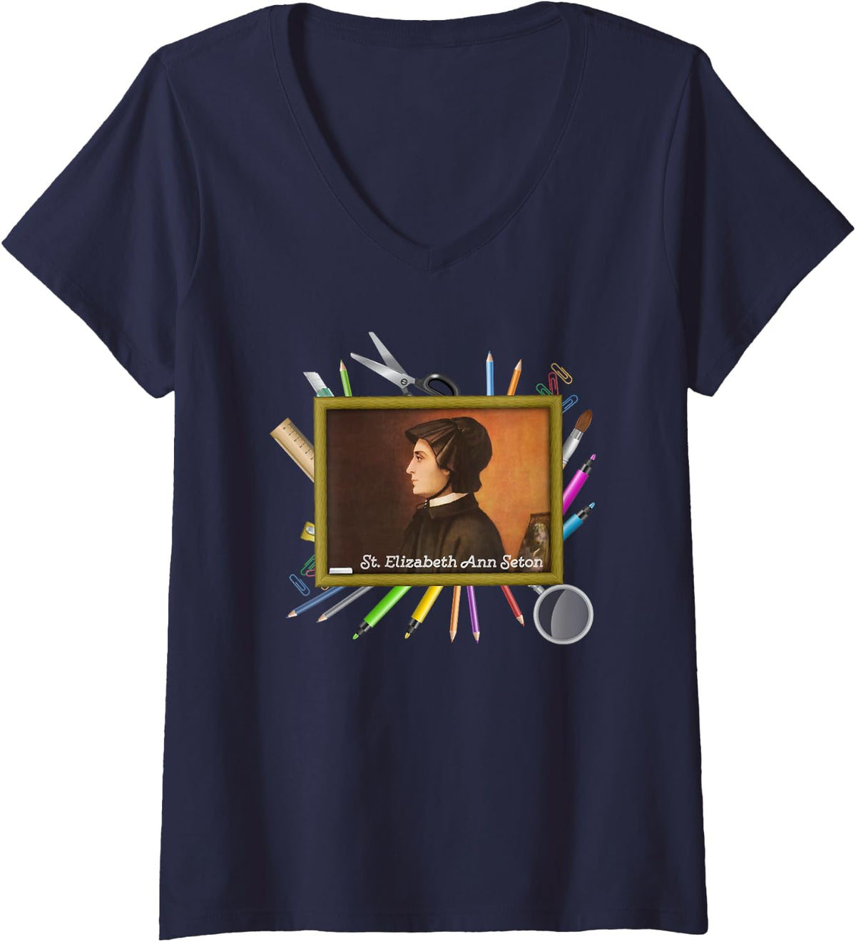 Women's St Elizabeth Ann Seton Catholic Homeschool Saints V-Neck T-Shirt - Navy Blue